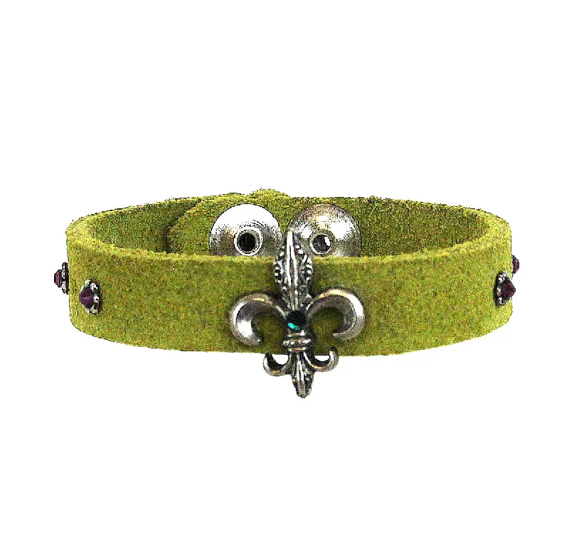 Ladies Bracelets Delicate Design-Fleur De Lis Leather Bracelet .55" Green Suede