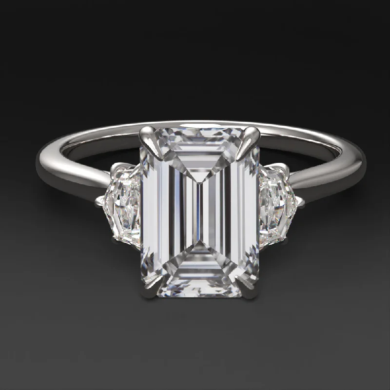 Sentimental Engagement Rings -2ct LAB CREATED DIAMOND ENGAGEMENT RING 3 STONE EMERALD CADILLAC CUT WHITE GOLD