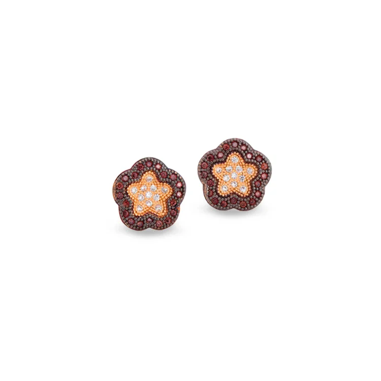 Ladies Dangle Earrings -Black Rhodium & Gold Finish Sterling Silver Micropave Flower Earrings with 62 Brown and White Simulated Diamonds