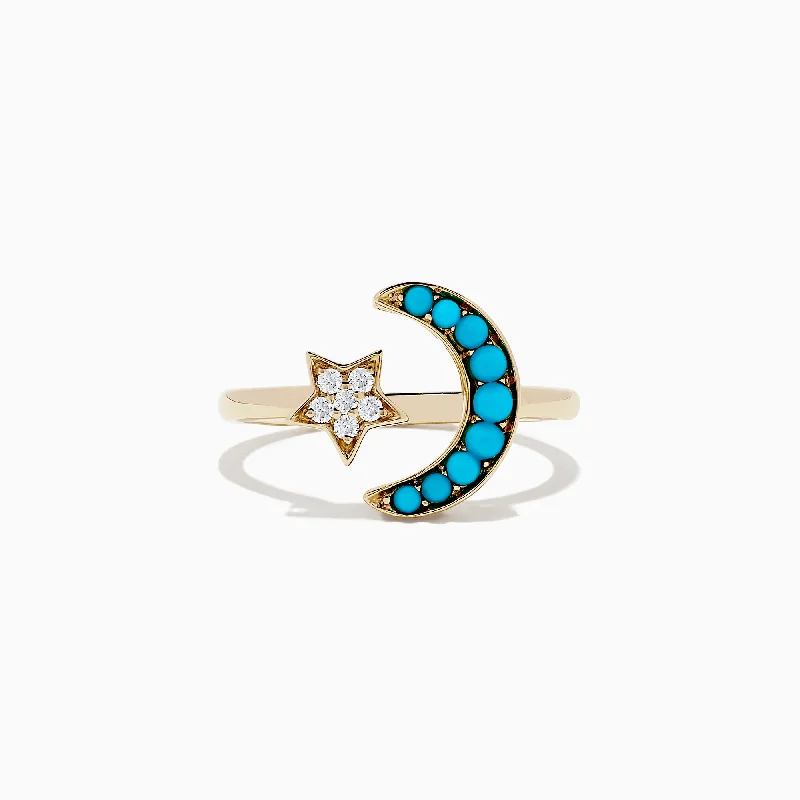 silver women's rings -14K Yellow Gold Turquoise and Diamond Moon and Star Ring, 0.32 TCW