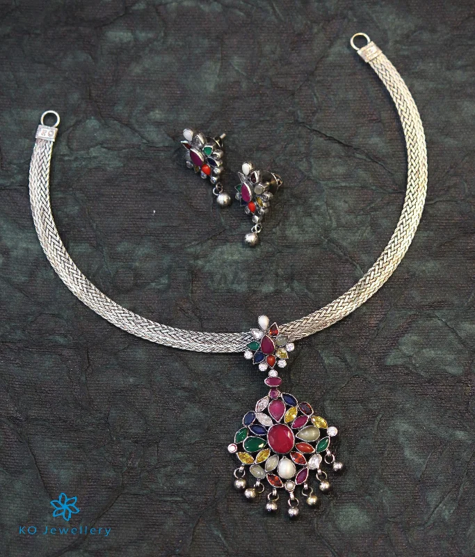 Ladies Handmade Necklaces -mother-daughter necklaces -The Aham Silver Navaratna Necklace (Oxidised)