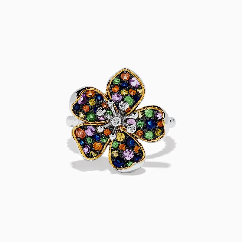 birthstone women's rings -Splash Sterling Silver Diamond and Mulit Sapphires Flower Ring