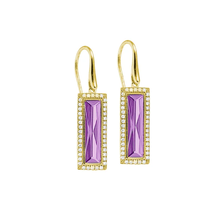 Ladies Retro Earrings -Gold Finish Sterling Silver Earrings with Rectangular Simulated Light Amethyst Stones and Simulated Diamonds