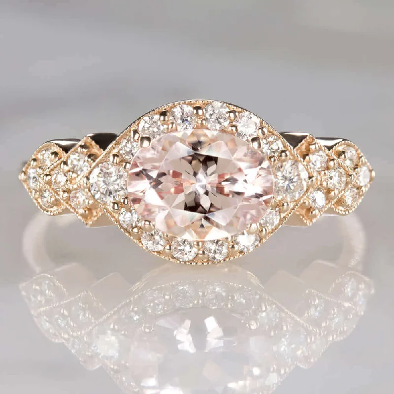 Blue Engagement Rings -1ct MORGANITE .37ct DIAMOND EAST WEST RING ROSE GOLD ENGAGEMENT OVAL HALO MODERN