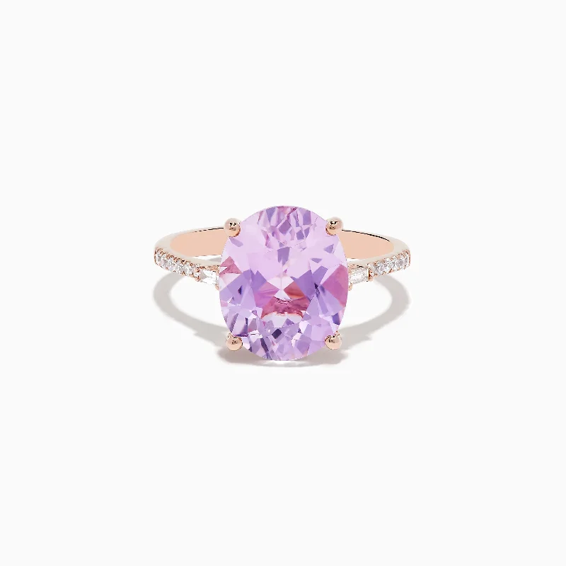 halo setting women's rings -14K Rose Gold Kunzite and Diamond Ring