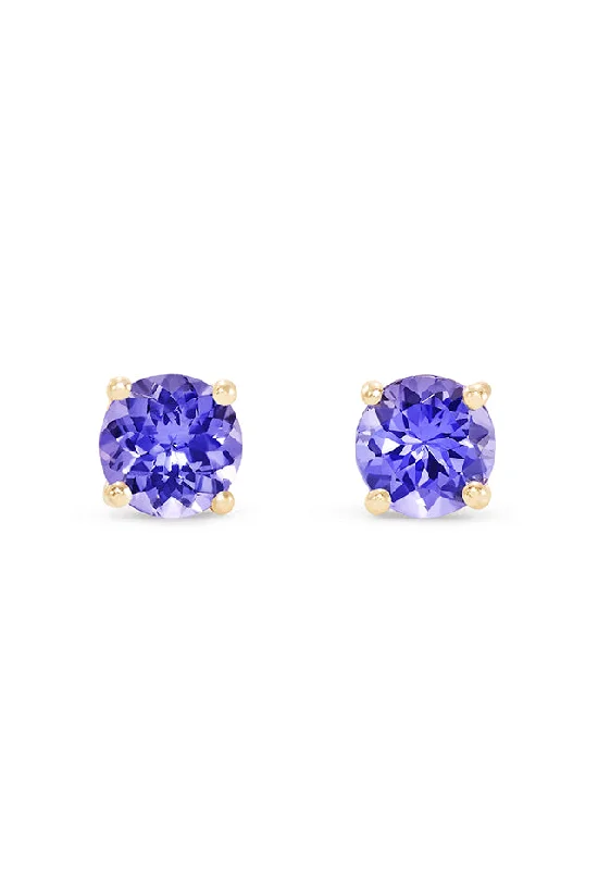 Ladies Cluster Earrings -14K Yellow Gold Round Tanzanite Stud Earrings, 0.65 TCW