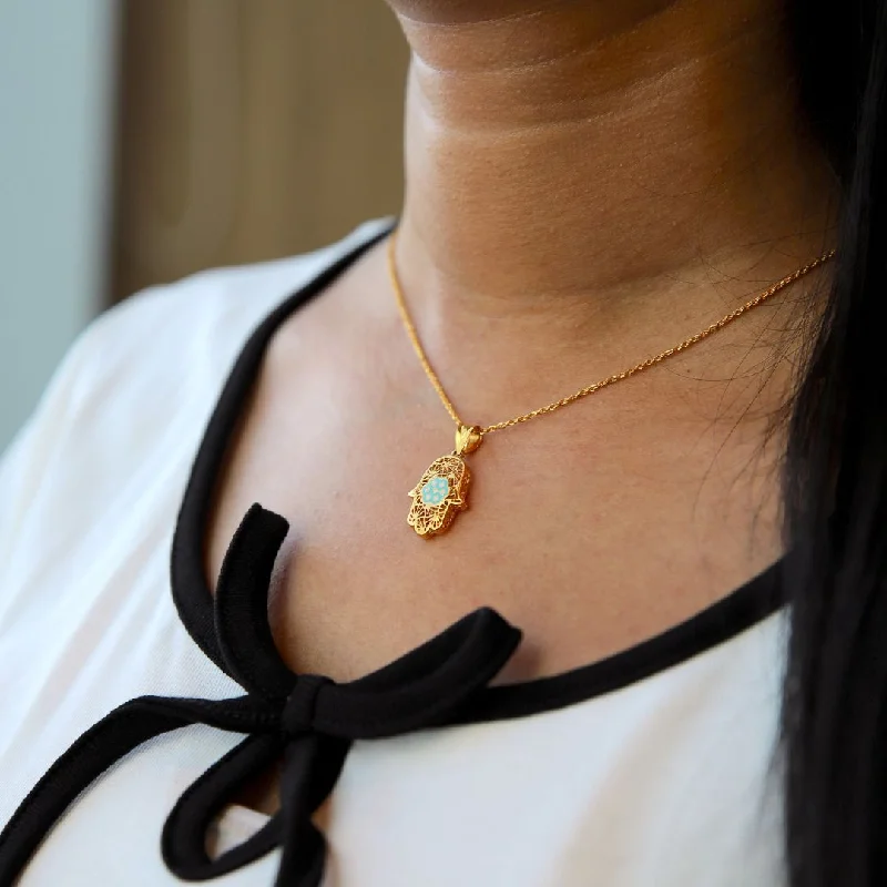 Ladies Clavicle Necklaces -elegant wedding necklaces -Gold Necklace (Chain With Hamsa Hand Shaped Pendant) 21KT - FKJNKL21KM9936