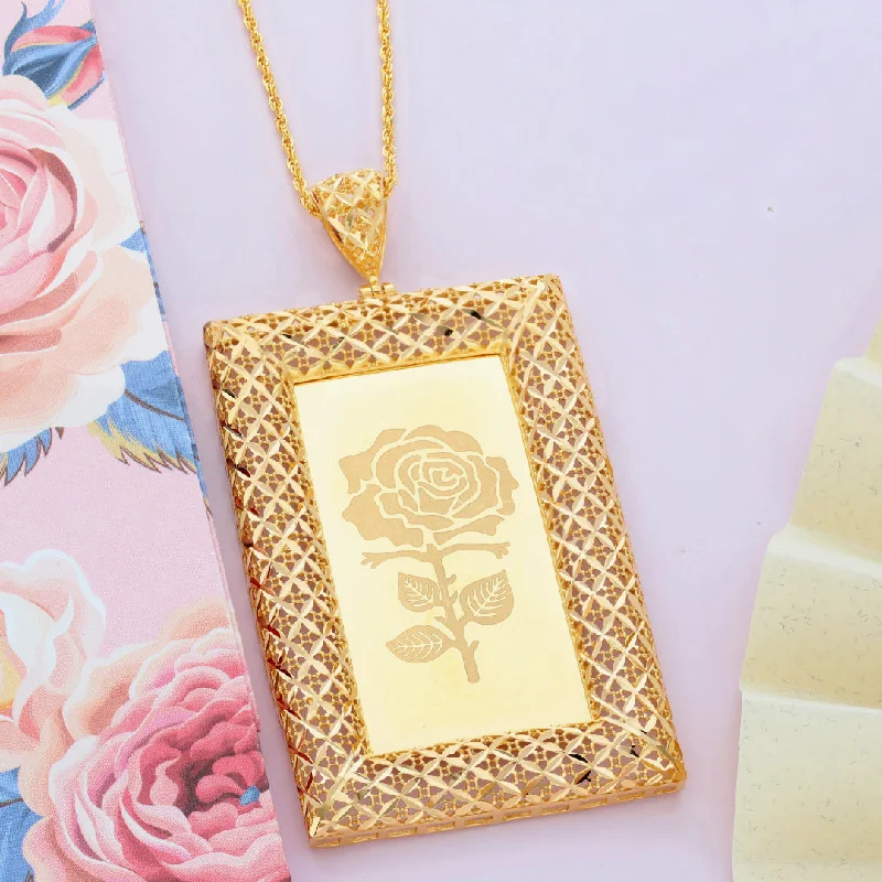 Ladies New Year Necklaces -rope chain necklaces -Gold Necklace (Chain Rectangle Shaped Rose Frame Pendant) 21KT - FKJNKL21KM9620