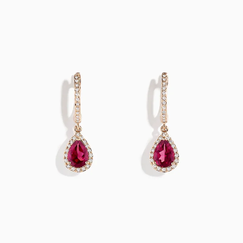 Ladies Feather Earrings -14K Rose Gold Rhodolite Garnet and Diamond Earrings, 1.75 TCW