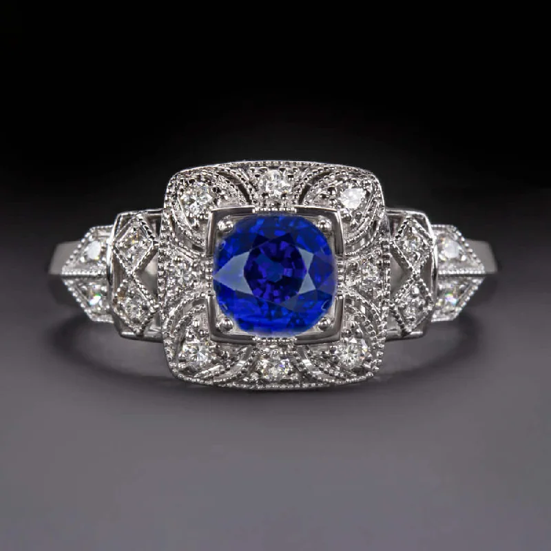 Mystical Engagement Rings -NATURAL SAPPHIRE ART DECO STYLE DIAMOND ENGAGEMENT RING VINTAGE INSPIRED STYLE