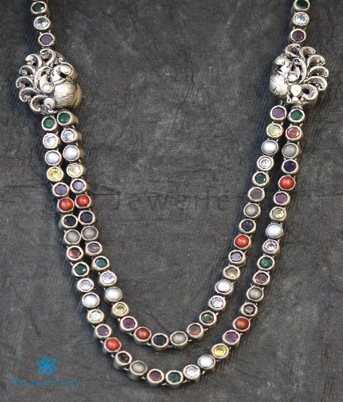 Ladies Timeless Necklaces -teardrop gemstone necklaces -The Abhinaya Silver Reversible Peacock Navratna Necklace (Oxidised)