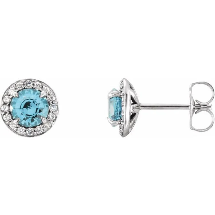 Ladies Cosmic Earrings -14K White 3.5 mm Natural Blue Zircon & 1/8 CTW Natural Diamond Earrings