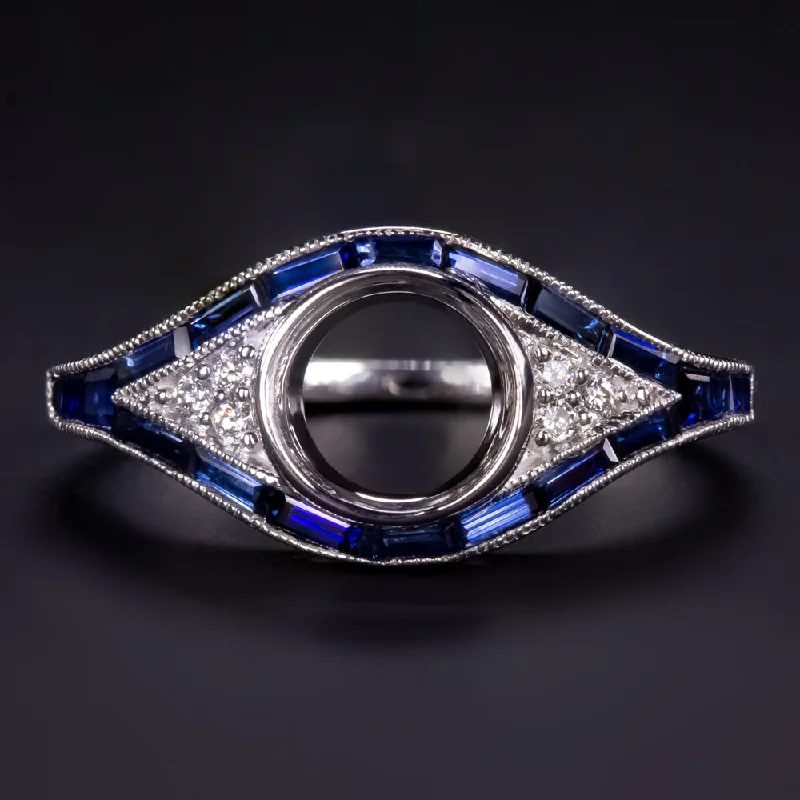 Futuristic Engagement Rings -SAPPHIRE DIAMOND RING SETTING VINTAGE STYLE ENGAGEMENT WHITE GOLD ART DECO MOUNT