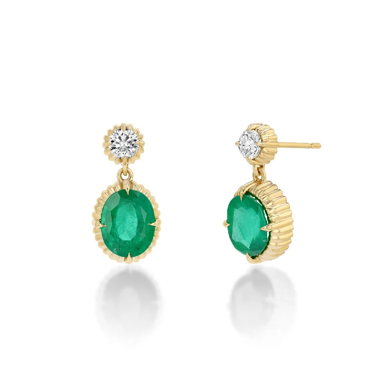 Ladies Harmony Earrings -One of a Kind Oval Emerald and Round White Diamond Drop Earrings