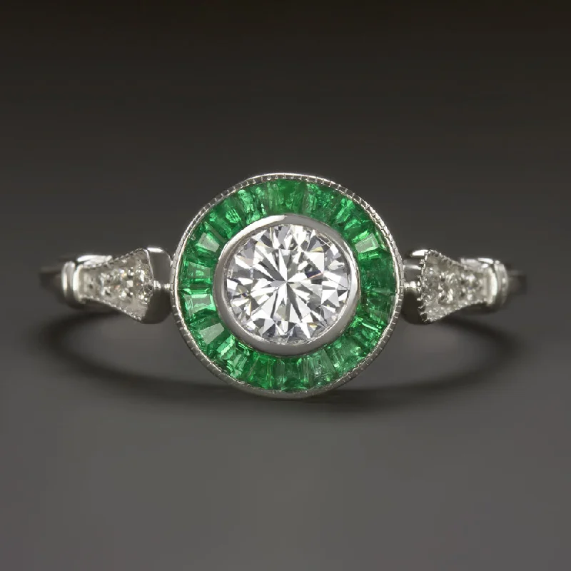 925 Silver Engagement Rings -ROUND CUT DIAMOND EMERALD ENGAGEMENT RING ART DECO VINTAGE STYLE TARGET HALO