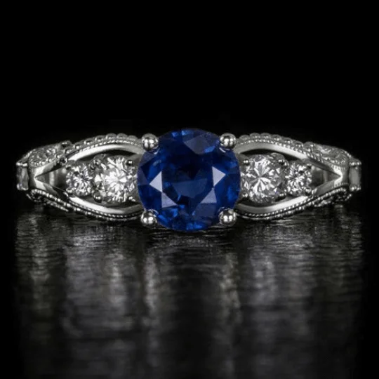 Fashion Engagement Rings -VINTAGE STYLE NATURAL BLUE SAPPHIRE G SI DIAMOND ENGAGEMENT COCKTAIL RING 14k