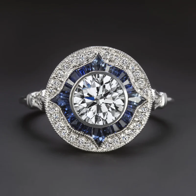 Vintage Engagement Rings -1ct LAB CREATED DIAMOND SAPPHIRE ENGAGEMENT RING VINTAGE STYLE ART DECO HALO