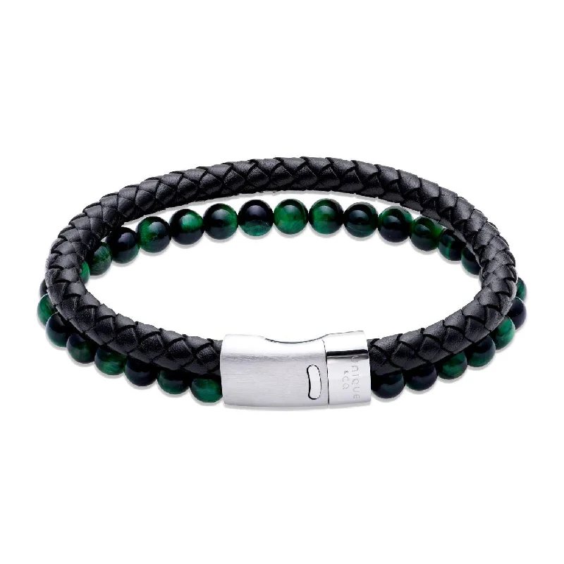 Ladies Bracelets Compass Charm-Unique & Co Black Leather Bracelet with Green Tiger's Eye