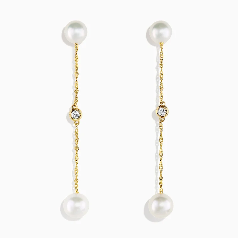 Ladies Statement Drop Earrings -14K Yellow Gold Cultured Freshwater Pearl and Diamond Earrings