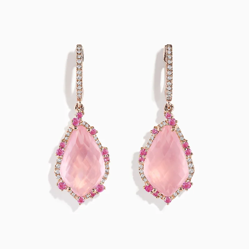 Ladies Bar Earrings -14K Rose Gold Rose Quartz and Pink Sapphire Diamond Earrings