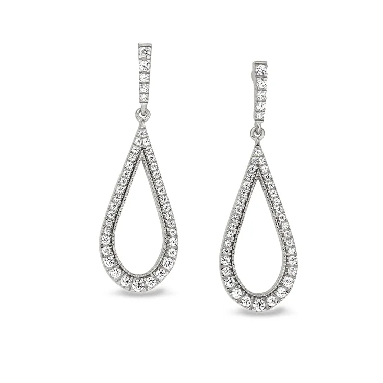 Ladies Happiness Earrings -Platinum Finish Sterling Silver Micropave Teardrop Earrings with Simulated Diamonds