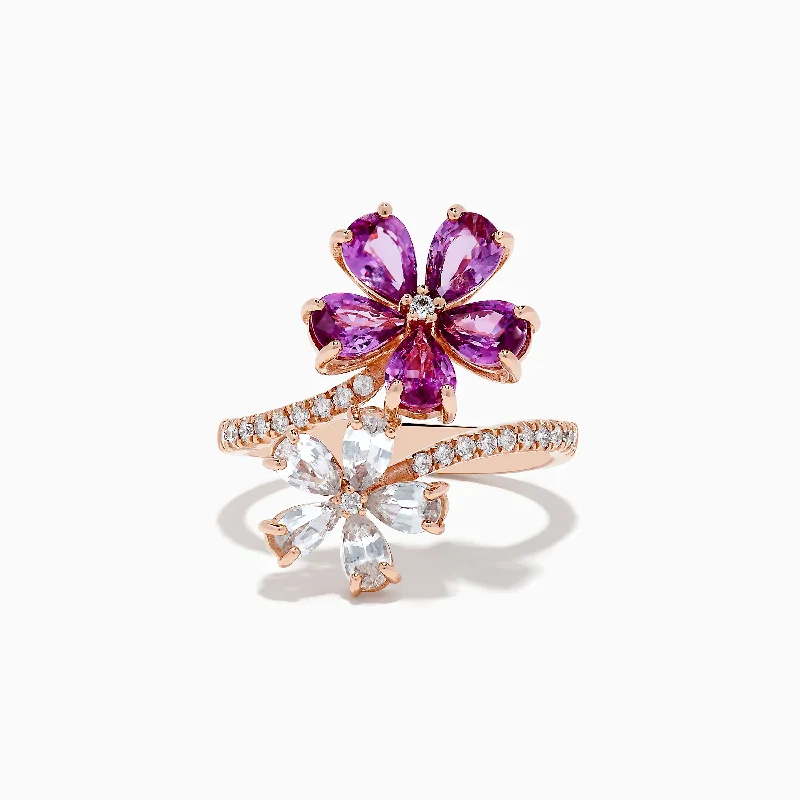 silver-plated women's rings -Nature 14k Rose Gold Pink and White Sapphire Flower Diamond ring