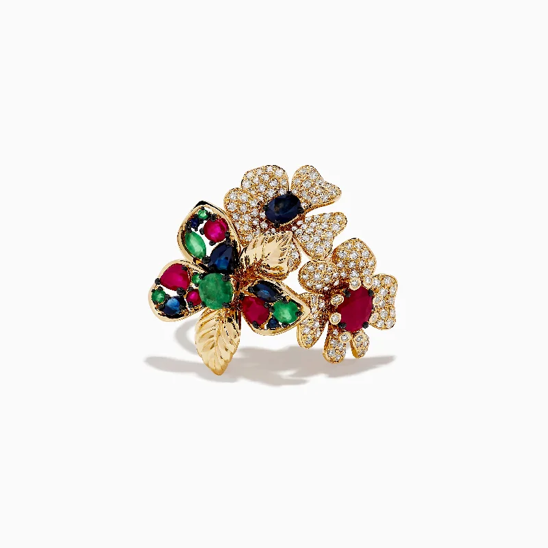 initial women's rings -14K Yellow Gold Multi Stone Flower Ring