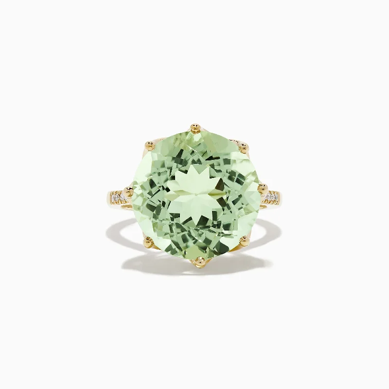 oversized women's rings -14K Yellow Gold Green Amethyst and Diamond Cocktail Ring, 11.95 TCW