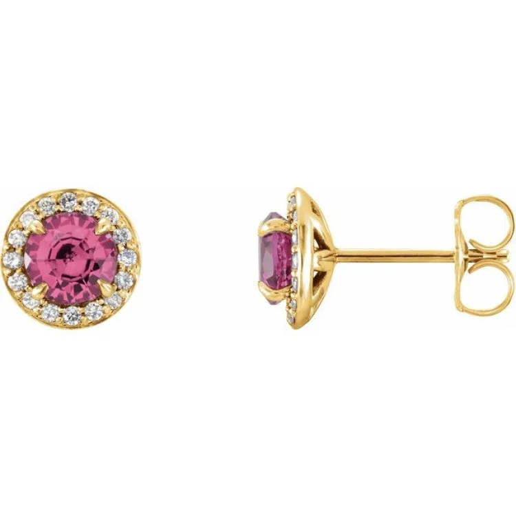 Ladies Purple Earrings -14K Yellow 4.5 mm Natural Pink Tourmaline & 1/6 CTW Natural Diamond Earrings