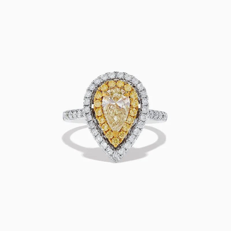 minimalist women's rings -Canare 14K Two-Tone Pear Shaped Double Halo Yellow Diamond Ring