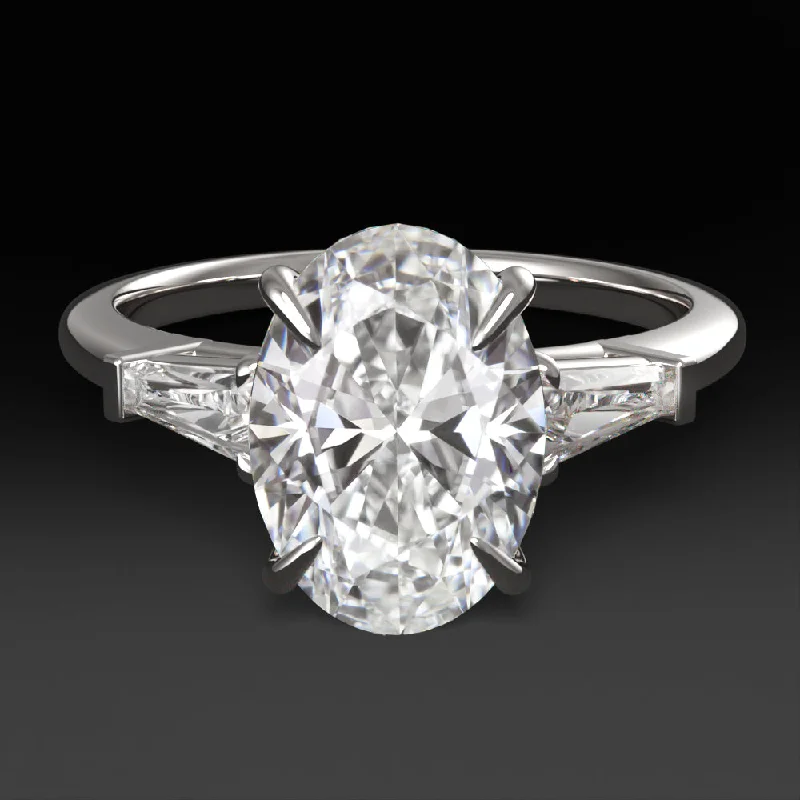 Flush Set Engagement Rings -2ct LAB CREATED DIAMOND ENGAGEMENT RING 3 STONE OVAL SHAPE BAGUETTE WHITE GOLD