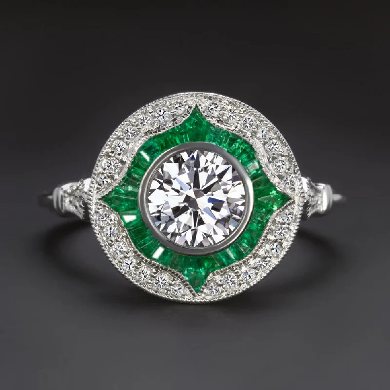 Mermaid Engagement Rings -1 CARAT LAB CREATED DIAMOND EMERALD ENGAGEMENT RING CERTIFIED HALO VINTAGE STYLE