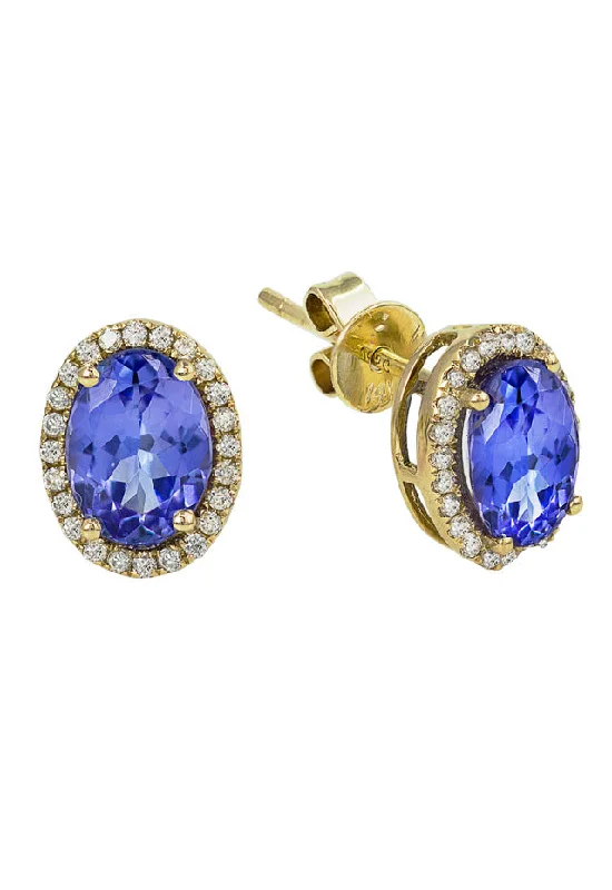 Ladies Painted Earrings -14K Yellow Gold Tanzanite & Diamond Earrings, 2.20 TCW