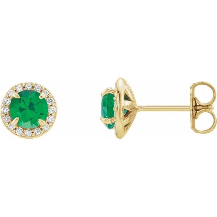 Ladies Horoscope Earrings -14K Yellow 3.5 mm Lab-Grown Emerald & 1/8 CTW Natural Diamond Earrings