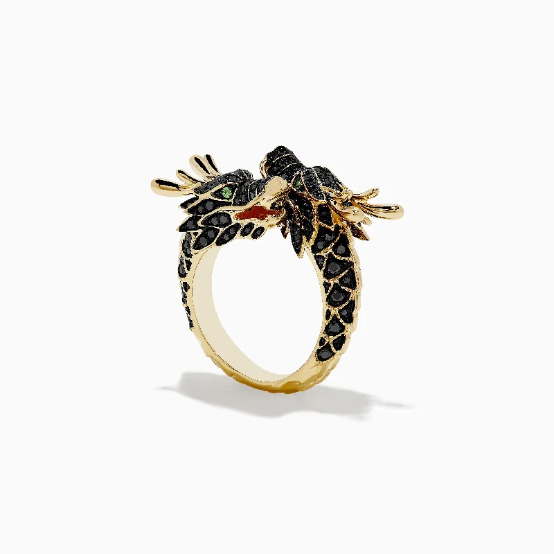 engraved women's rings -Safari 14K Yellow Gold Black Diamond Double Headed Dragon Ring