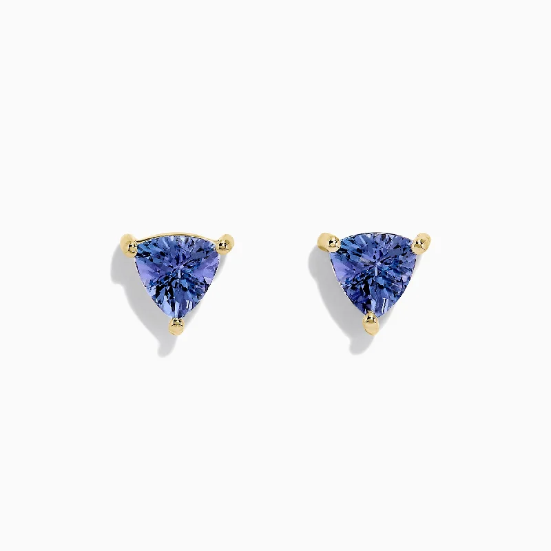 Ladies Sentimental Earrings -14K Yellow Gold Trillion Cut Tanzanite Stud Earrings, 0.65 TCW