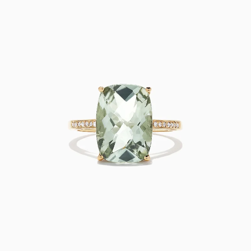 cushion-cut women's rings -14K Yellow Gold Green Amethyst and Diamond Cocktail Ring