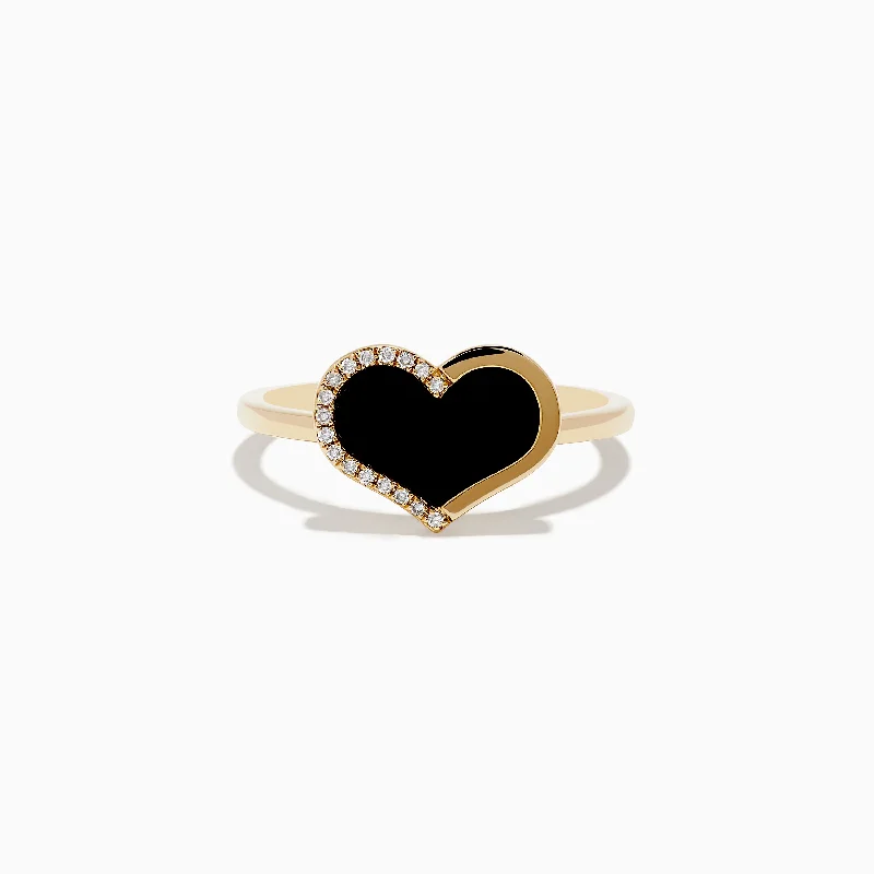 floral women's rings -Eclipse 14K Yellow Gold Onyx and Diamond Heart Ring