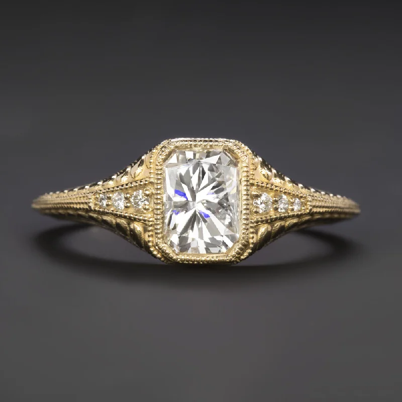 Classic Engagement Rings -1 CARAT DIAMOND ENGAGEMENT RING RADIANT CUT VINTAGE STYLE 14k YELLOW GOLD BEZEL