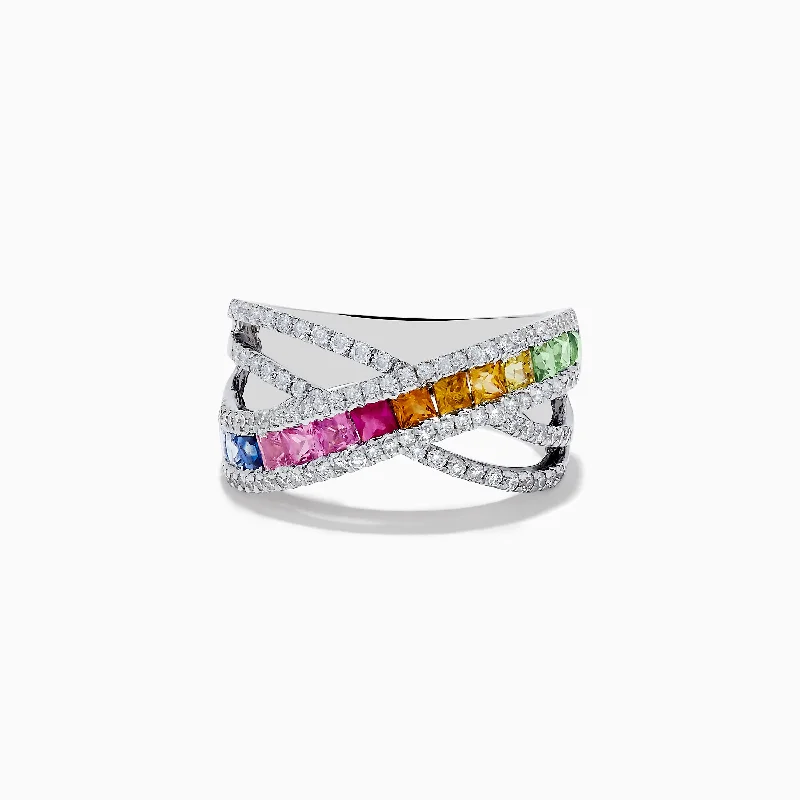 princess-cut women's rings -Watercolors 14K Gold Multi Sapphire & Diamond Crossover Ring