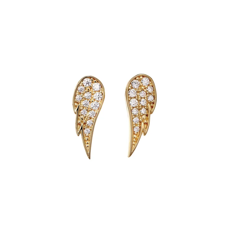 Ladies Leather Earrings -Gold Finish Sterling Silver Micropave Angel Wing Earrings with Simmulated Diamonds