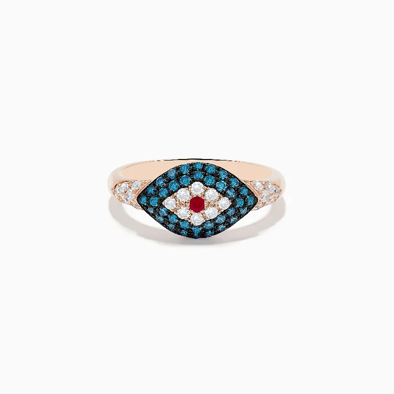 open-ended women's rings -Novelty 14K Rose Gold Blue Diamond and Ruby Evil Eye Ring