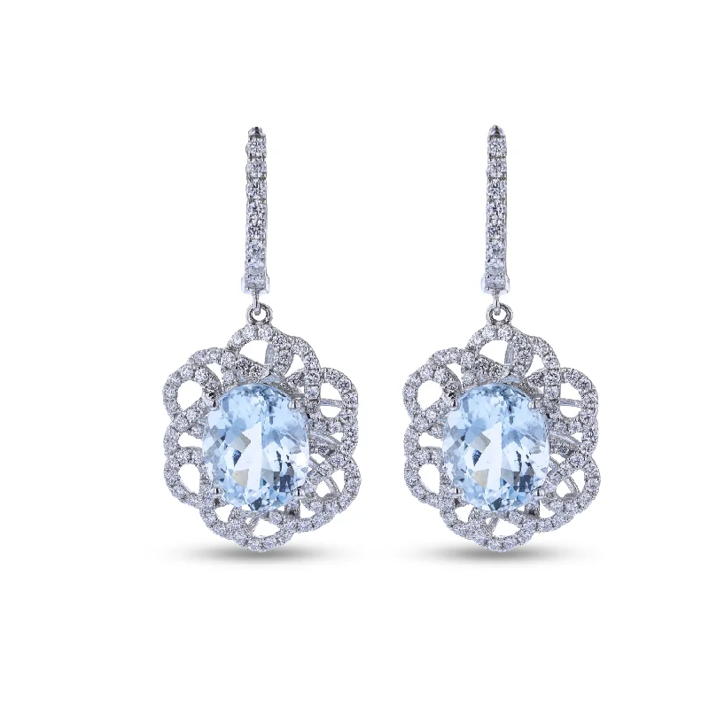 Ladies Glow Earrings -14KT WHITE GOLD 6.78CTW AQUAMARINE & 1.23CTW DIAMOND DROP EARRINGS