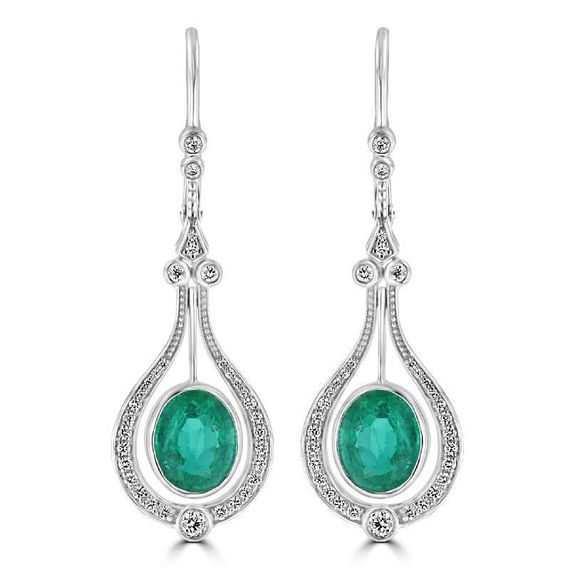 Ladies Mystical Earrings -JULEVE 18KT WHITE GOLD 5.23 CTW EMERALD & 0.61 CTW DIAMOND HALO DROP EARRINGS