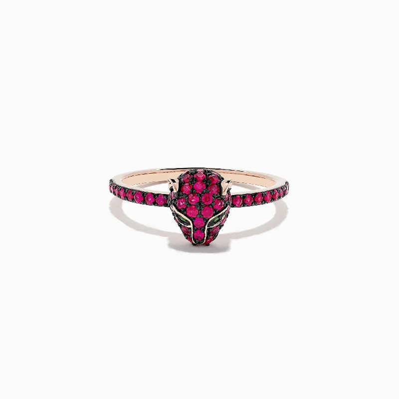 three-stone women's rings -Signature 14K Rose Gold Ruby and Tsavorite Panther Ring, 0.59 TCW