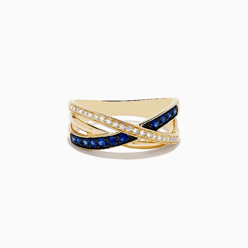 petite women's rings -Royale Bleu 14K Yellow Gold Blue Sapphire and Diamond Crossover Ring