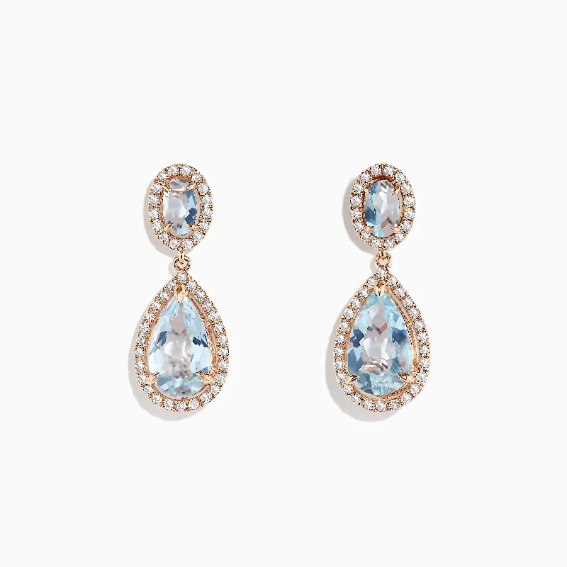 Ladies Silver Earrings -Aquarius 14K Rose Gold Aquamarine and Diamond Earrings