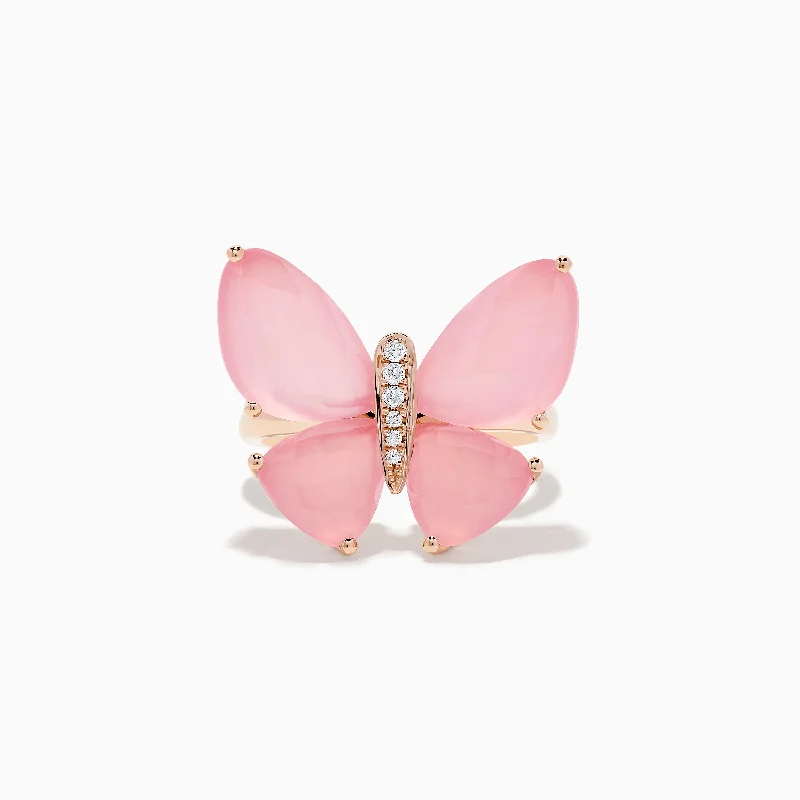 trendy women's rings -Nature 14K Rose Gold Rose Quartz and Diamond Butterfly Ring