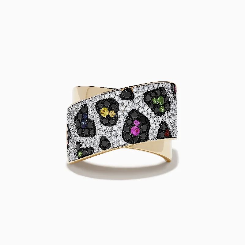 zodiac women's rings -Signature 14K Yellow Gold Multi Sapphire, Black and White Diamond Ring