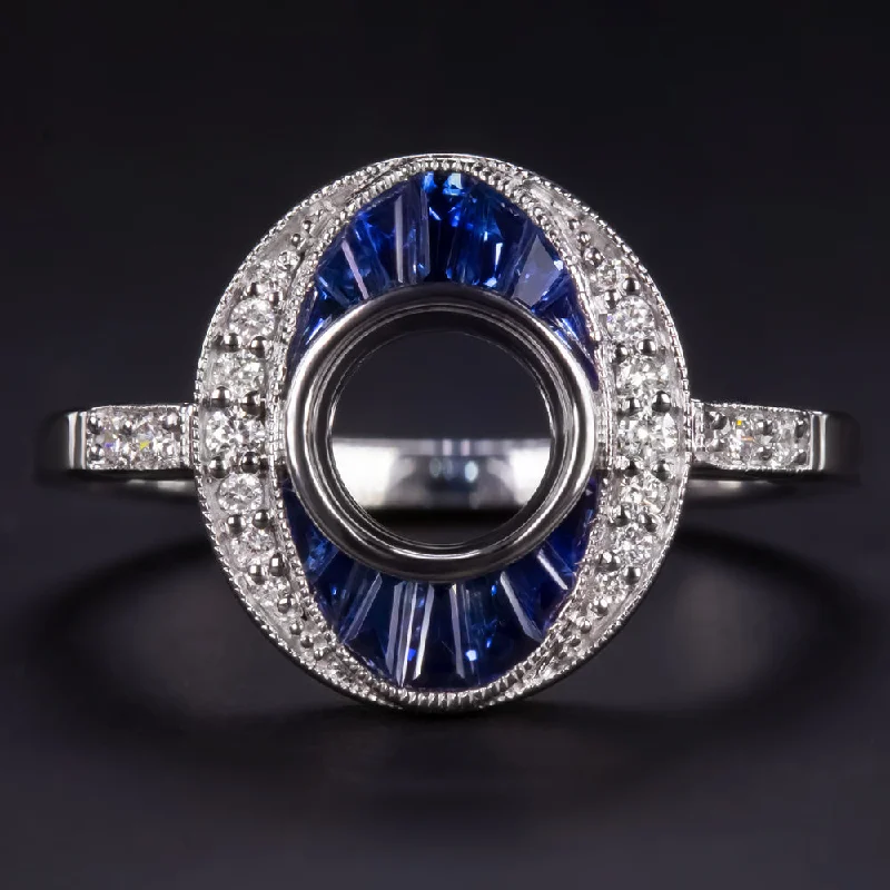 Signature Engagement Rings -SAPPHIRE DIAMOND ENGAGEMENT RING SETTING ROUND VINTAGE STYLE DECO SEMI MOUNT